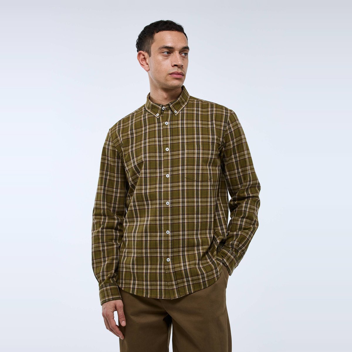 Chemise manches longues à carreaux en flanelle de coton BIO GOTS militaire, MONOPRIX