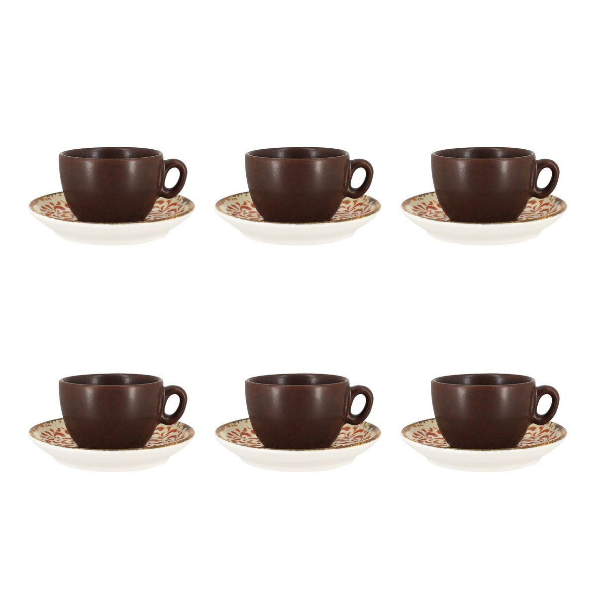 Lot de 6 tasses 16cl avec soucoupes en porcelaine, PALAZZO marron-rouge, OGO LIVING