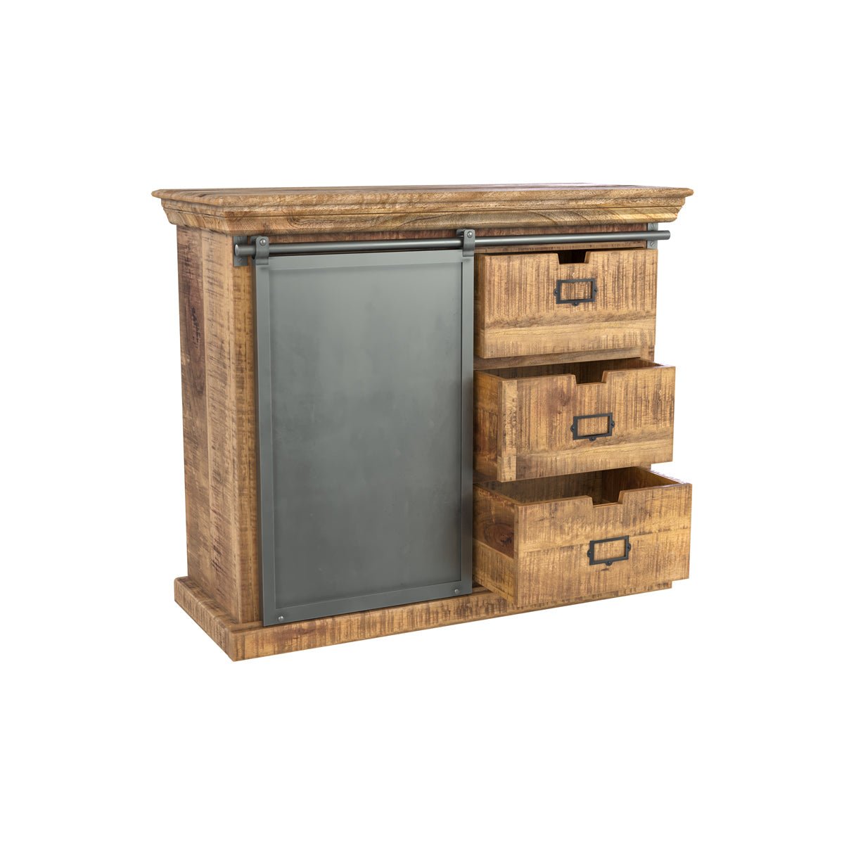 Petit buffet en bois et métal 1 porte 3 tiroirs - TABUK bois foncé et métal gris foncé, MAISON PAVANE