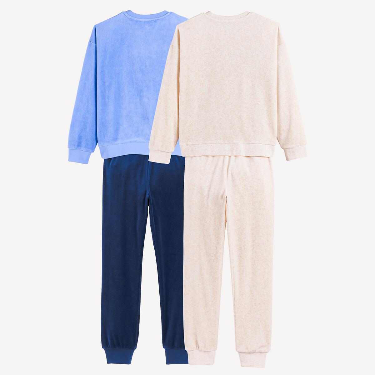 Lot de 2 pyjamas, en velours, motifs pizza et pop corn bleu marine + bleu + beige, LA REDOUTE COLLECTIONS
