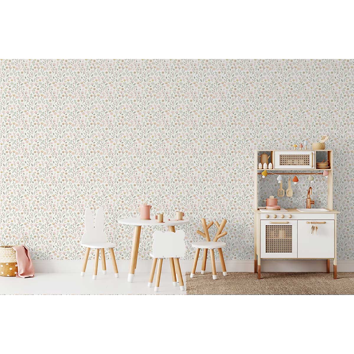 Papier peint fleuri prairie pastel fond blanc rose, HEXOA