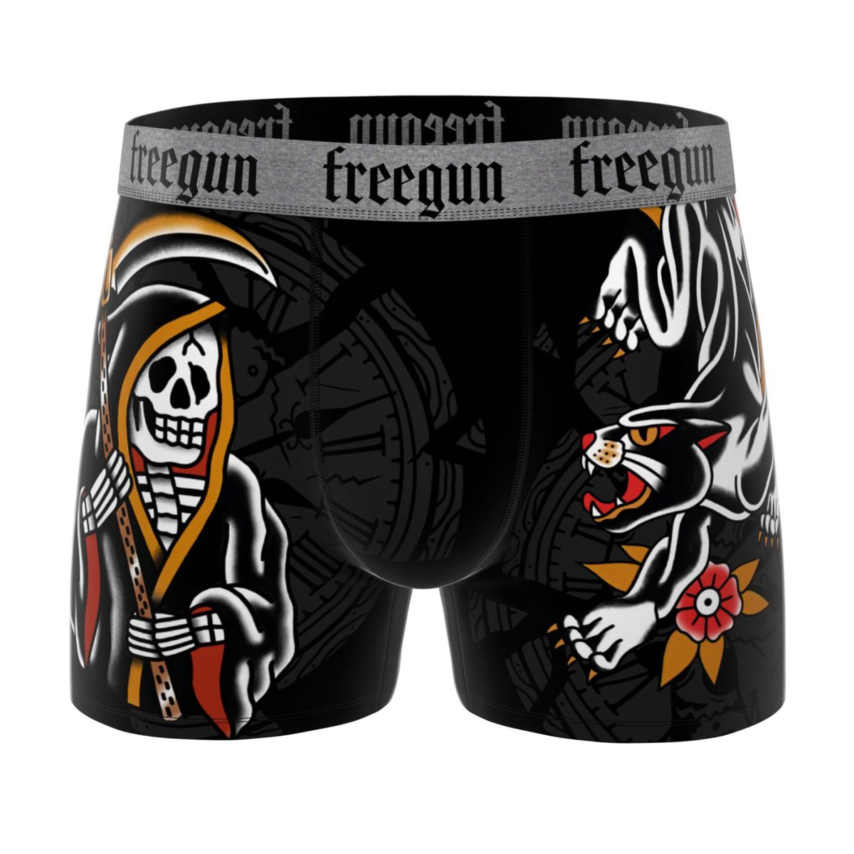 Lot De 4 Boxers Skull Microfibre noir/gris/orange/blanc, FREEGUN