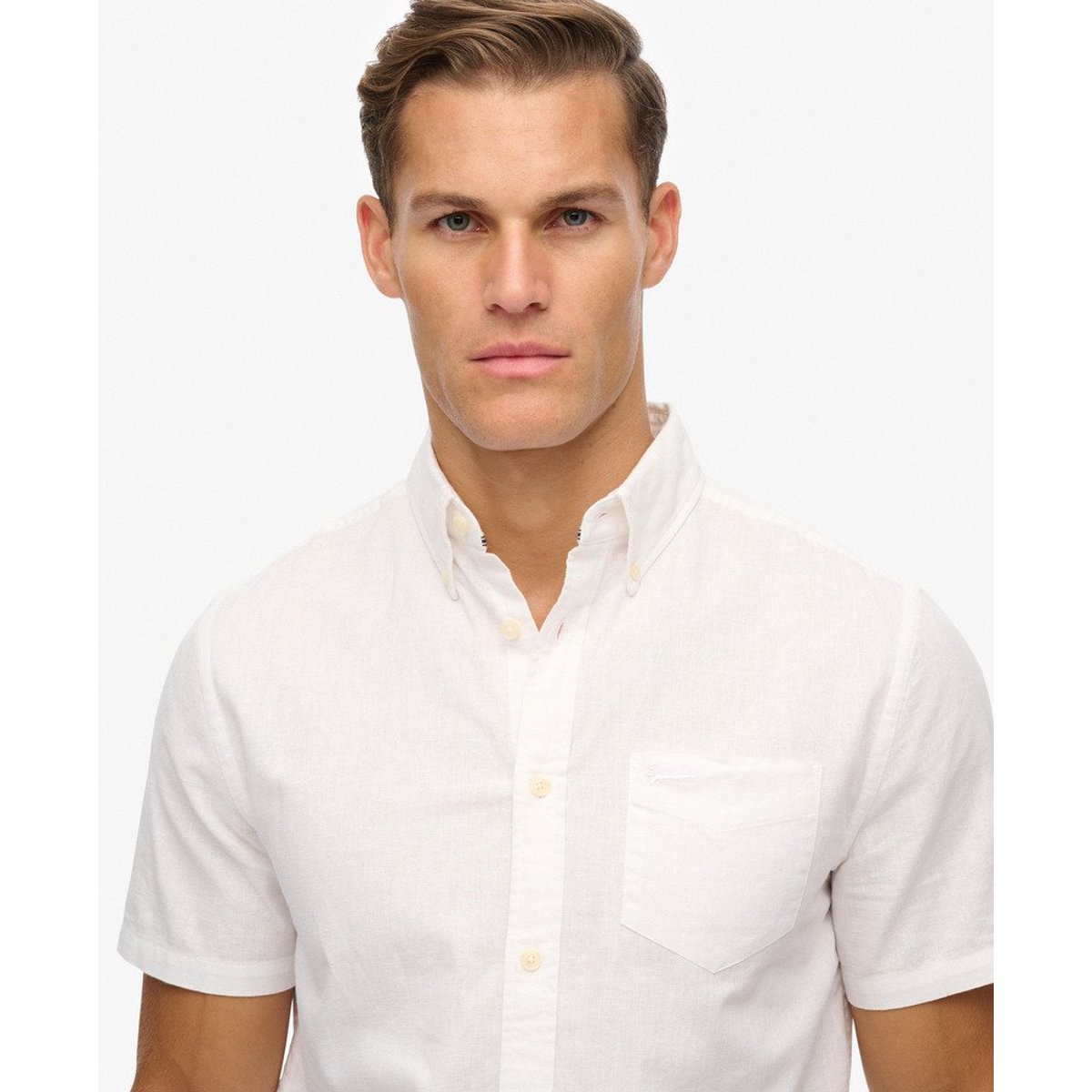 Chemise à manches courtes en coton et lin City blanc optic, SUPERDRY