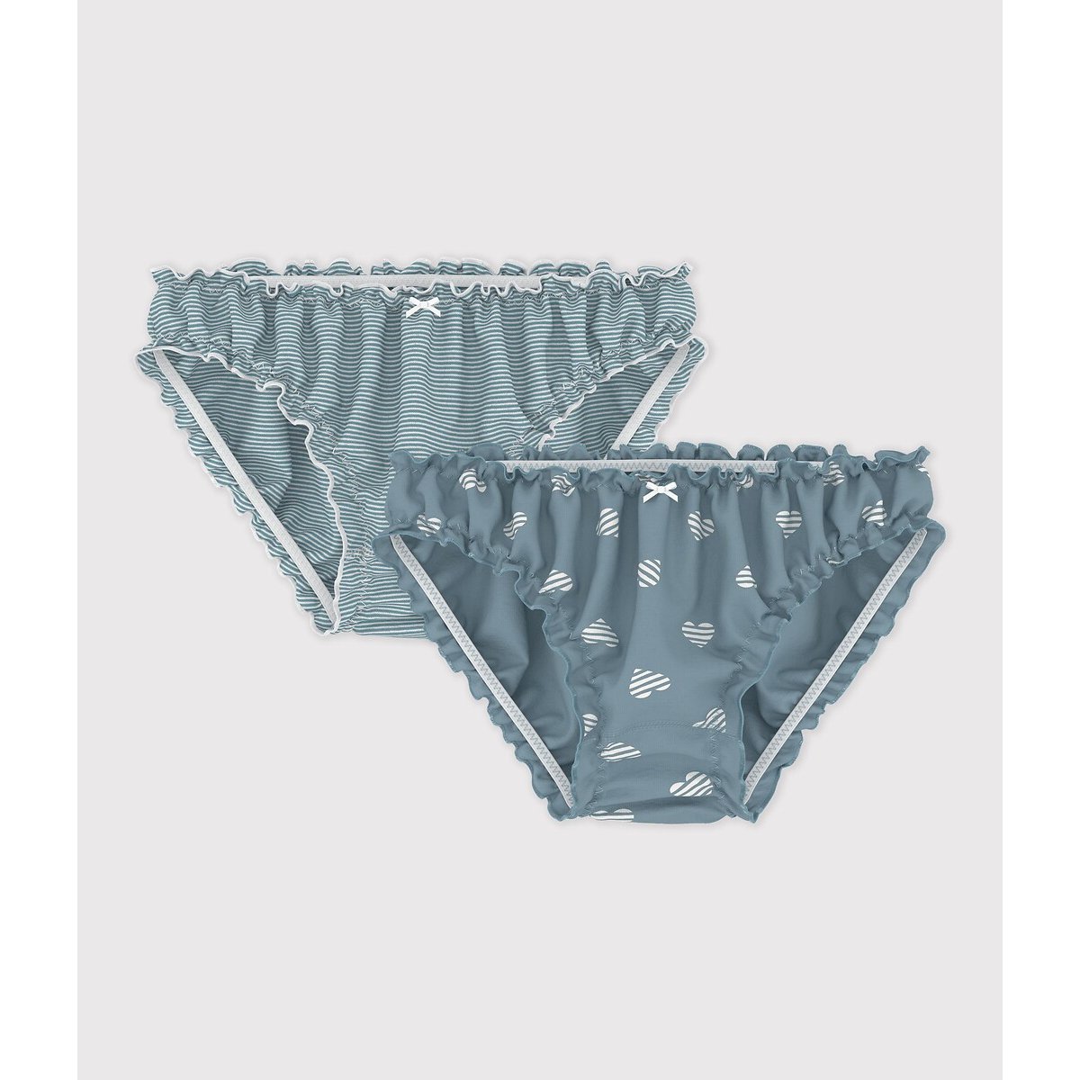 Lot de 2 culottes froncées en coton vert d’eau rayé+vert d’eau cœur, PETIT BATEAU
