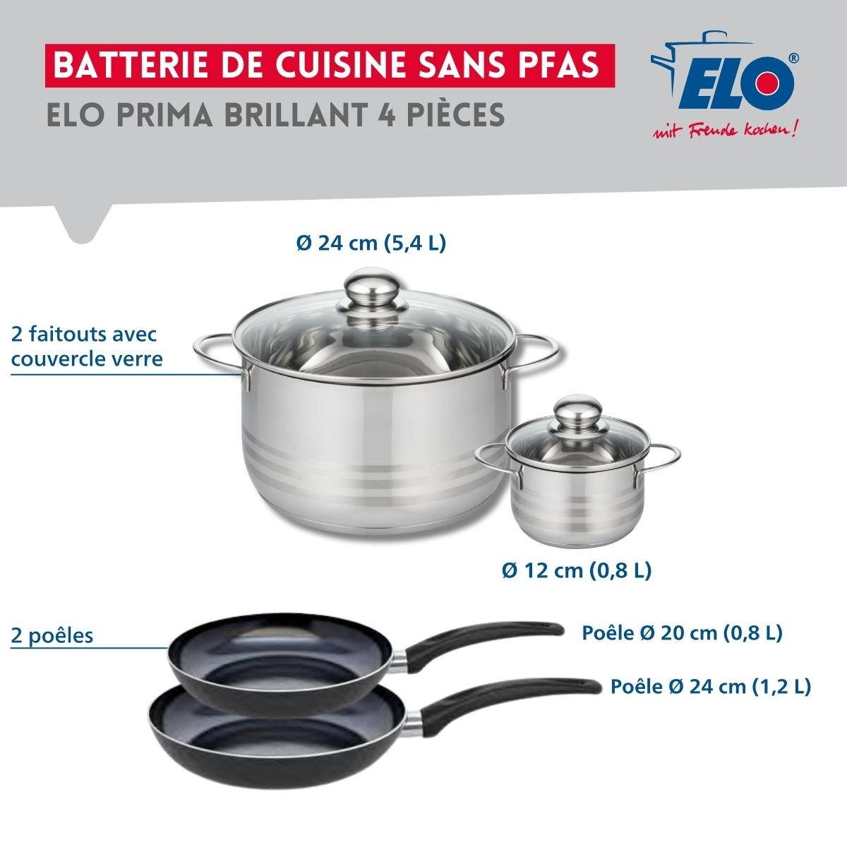 Batterie 2 poêles 20/24cm + 2 faitouts 12/24cm PRIMA BRILLANT noir, ELO