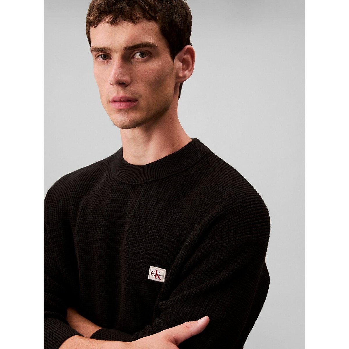 Pull col rond effet gaufré noir, CALVIN KLEIN