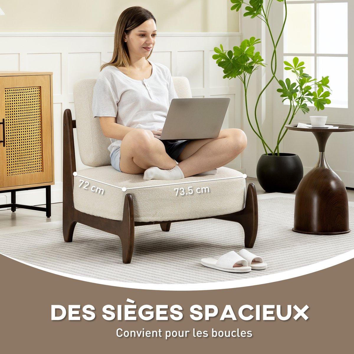 Accent Chair Chenille (100% polyester) Crème crème, bois clair, HOMCOM