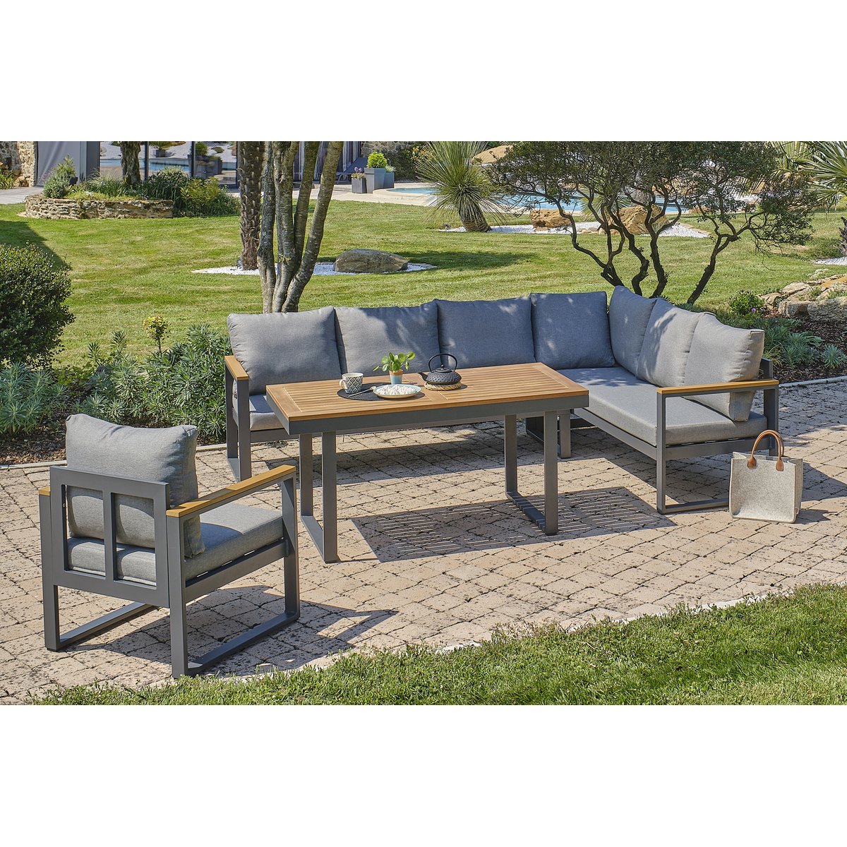 Ensemble repas de jardin 7 places en aluminium  YONAHA gris anthracite, DCB GARDEN