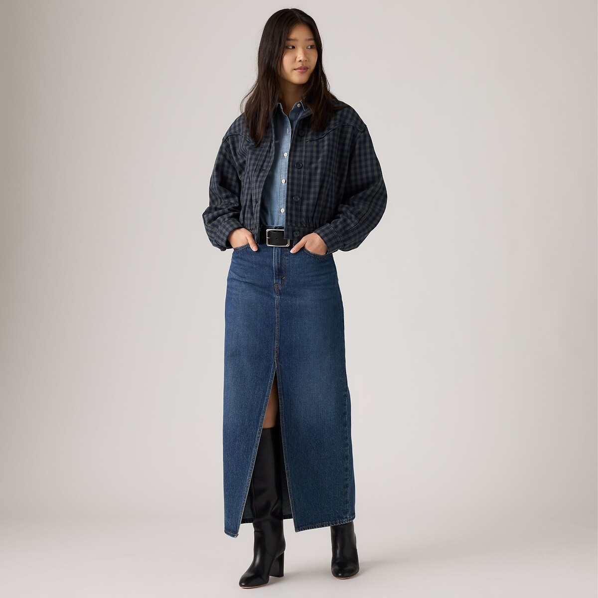 Jupe droite midi fendue en denim indigo, LEVI'S