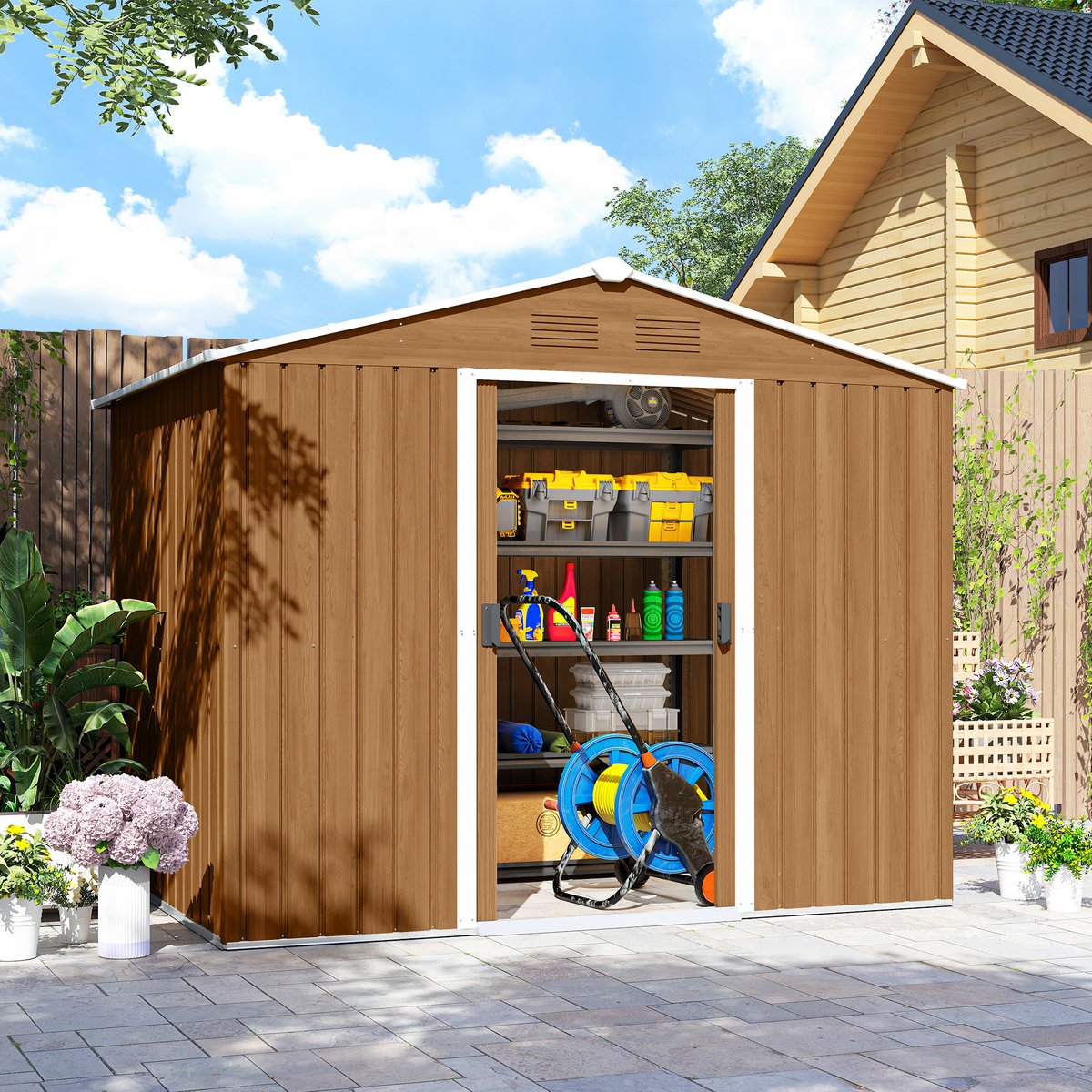 Abri de jardin Acier galvanisé Marron marron foncé effet bois, OUTSUNNY