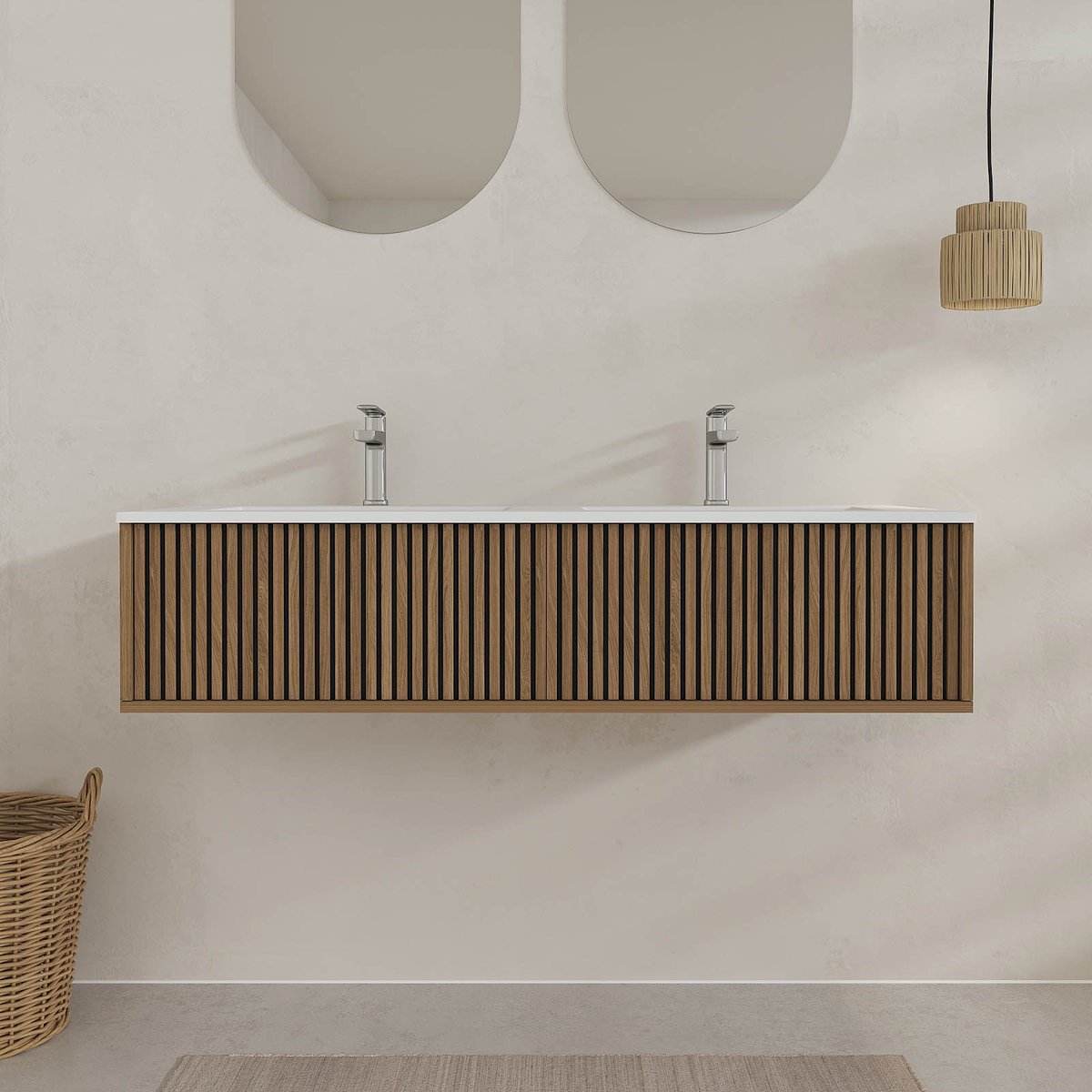 Meuble de salle de bain suspendu avec façade crantée et vasque encastrée naturel, HOME MAISON