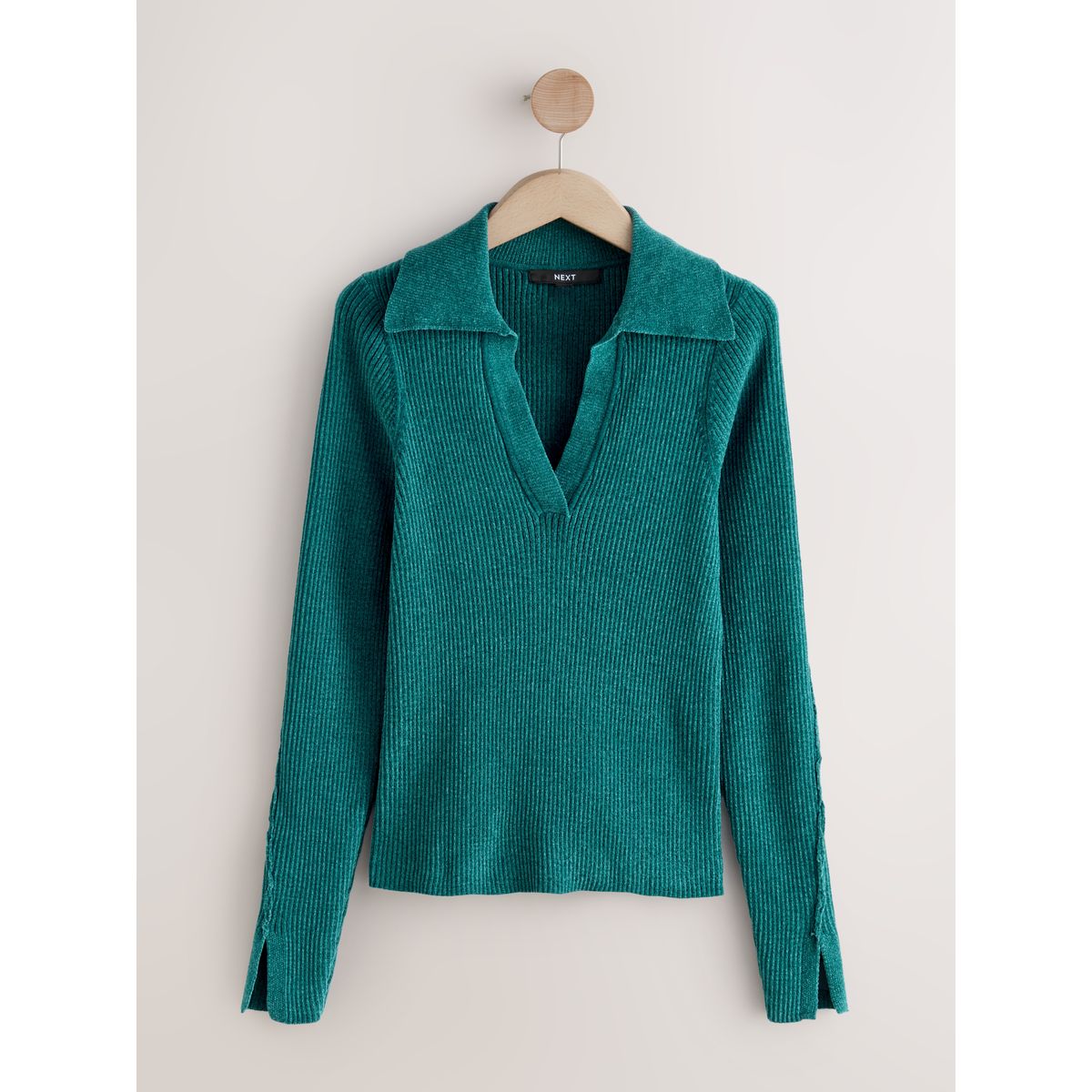 Pull en maille chenille côtelée avec col polo bleu sarcelle, NEXT