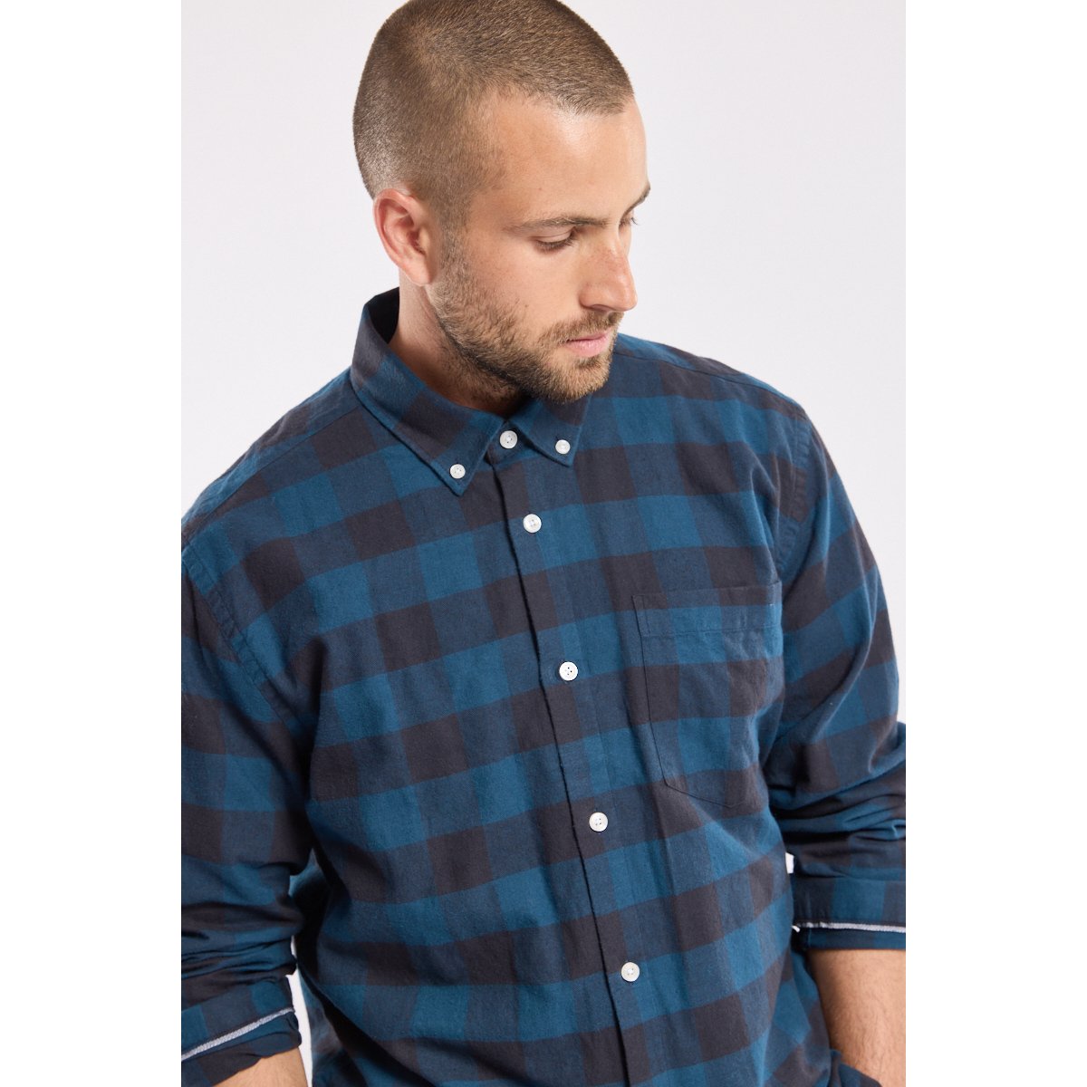 Chemise à carreaux en coton flanelle carreaux fondu marine deep, ARMOR-LUX