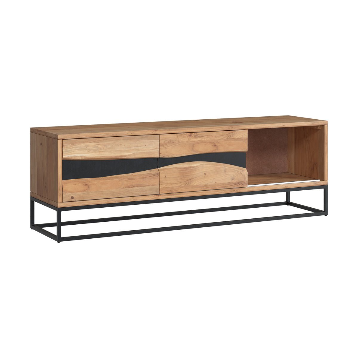 Meuble TV en bois d'acacia massif et métal 140 cm - ALABAMA bois clair et noir, MAISON PAVANE