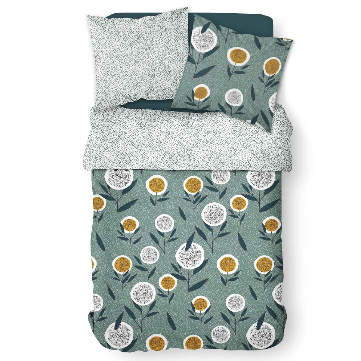Parure de lit coton 2 personnes imprimé floral SUNSHINE bleu, TODAY