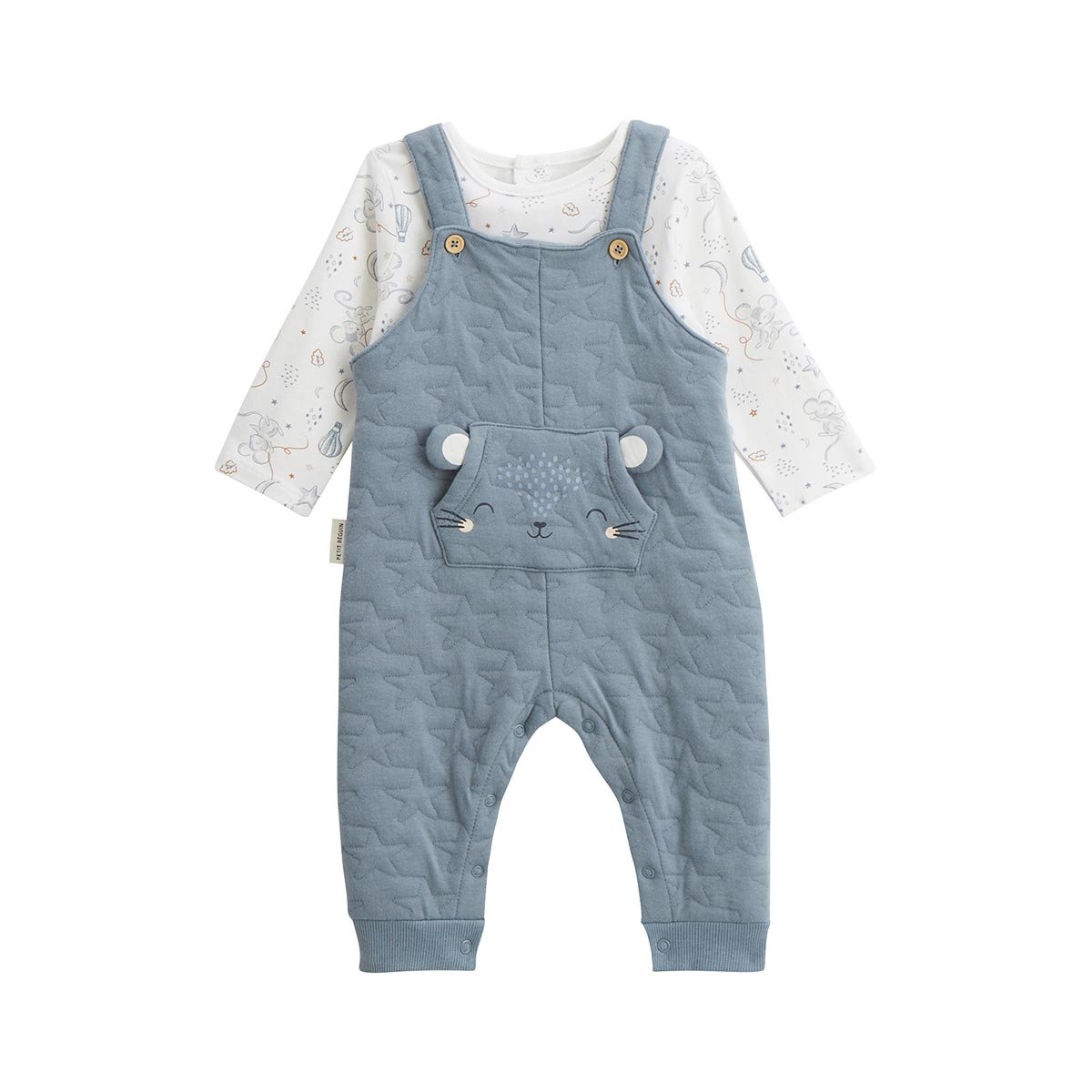 Ensemble salopette bébé en coton matelassé et t-shirt Rêverie bleu, PETIT BEGUIN
