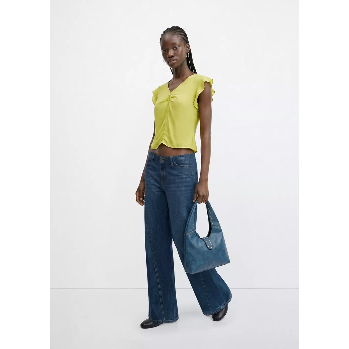 Blouse satinée col V citron vert, MANGO TEEN