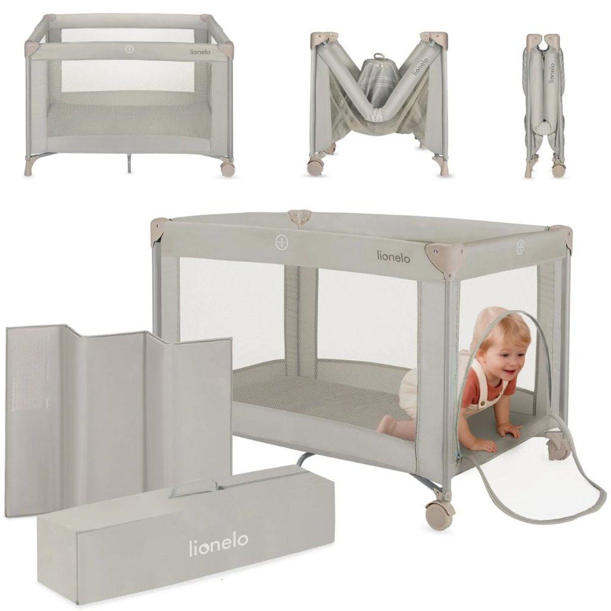 Lit parapluie bébé Amelie compact avec matelas Grey Concrete beige sand, LIONELO