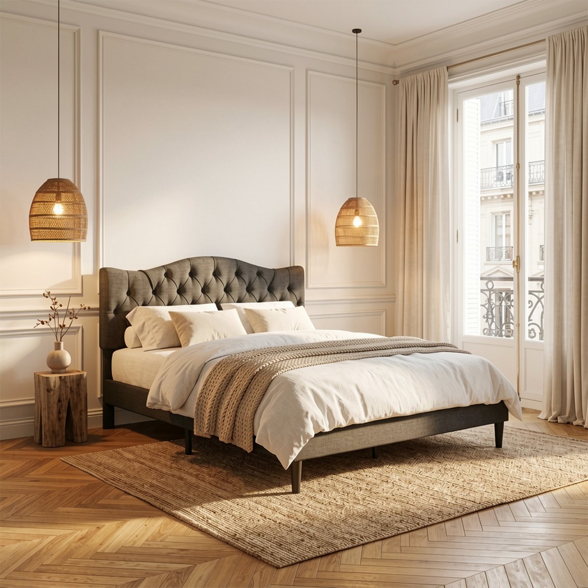 Lit double capitonné sans matelas sans rangement, LEON gris, MEUBLES COSY