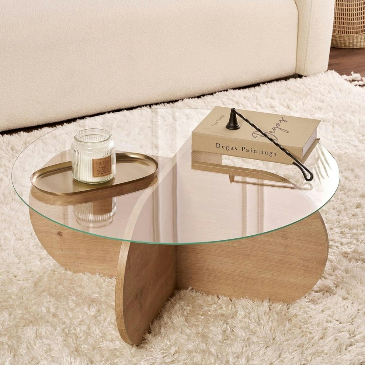 Table basse ronde - pied croix plateau verre SALTA chêne, PIER IMPORT