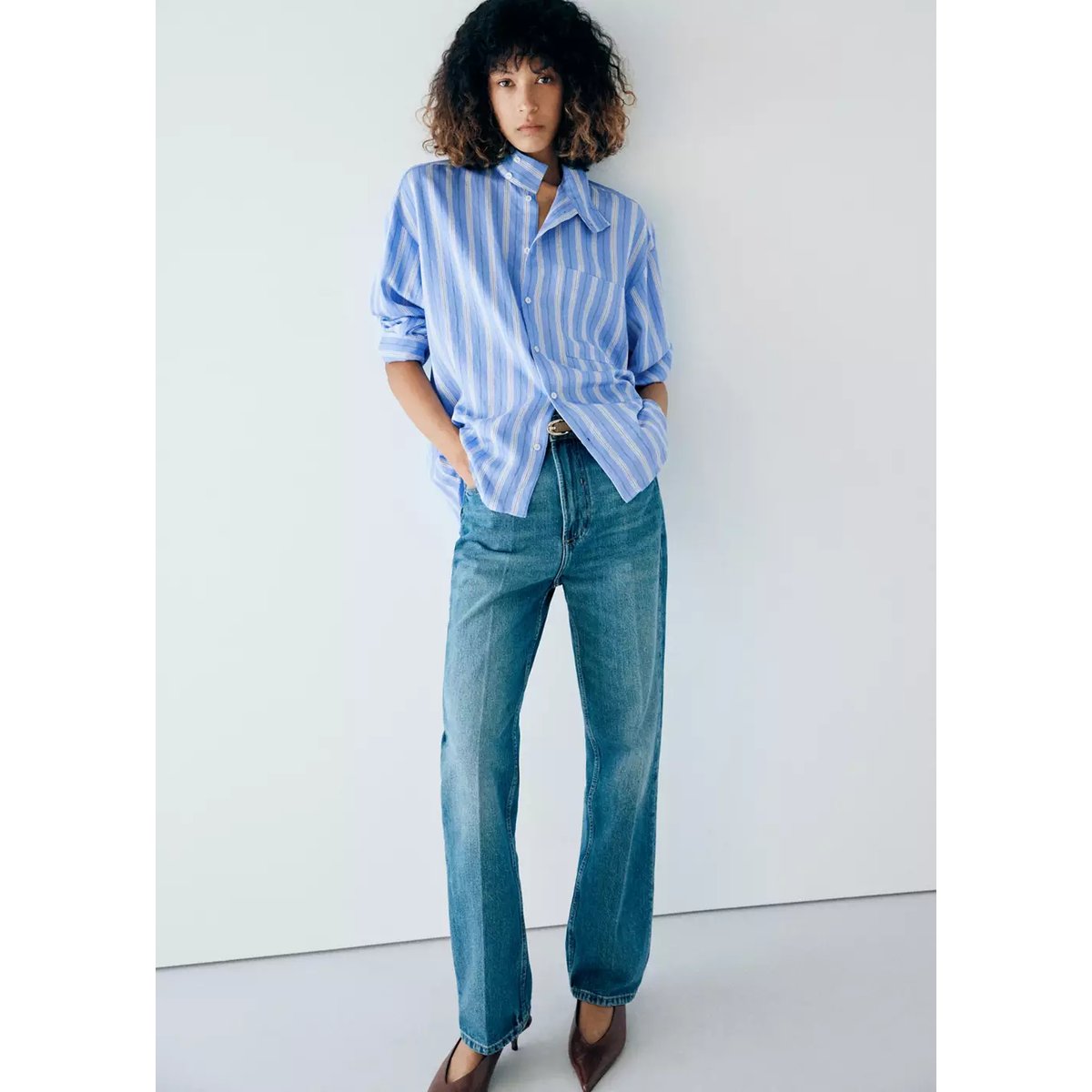 Chemise à rayures col montant bleu, MANGO