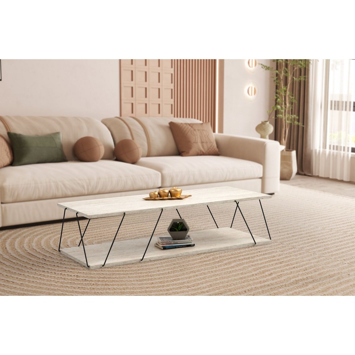 Table basse 2 niveaux effet travertin design minimaliste beige, TOILINUX