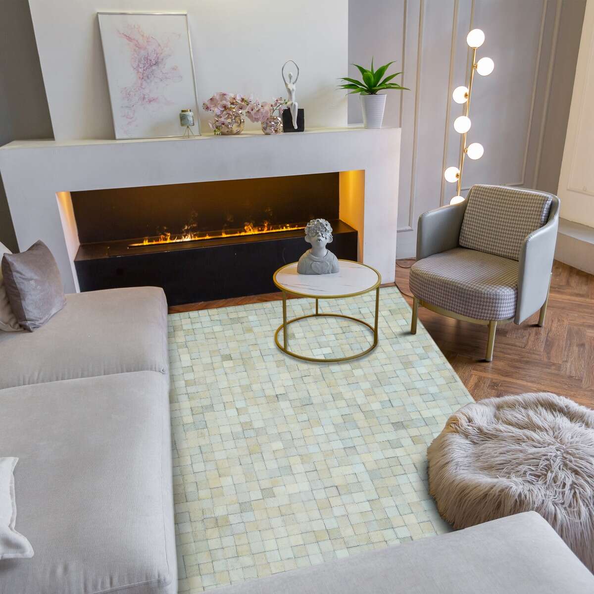 Tapis en cuir recyclé mosaïque CUIR MOZAIQUE blanc, THE DECO FACTORY