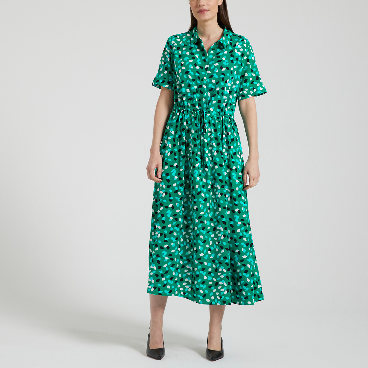 Printed Shirt Dress with Tie Waist green print, PIECES