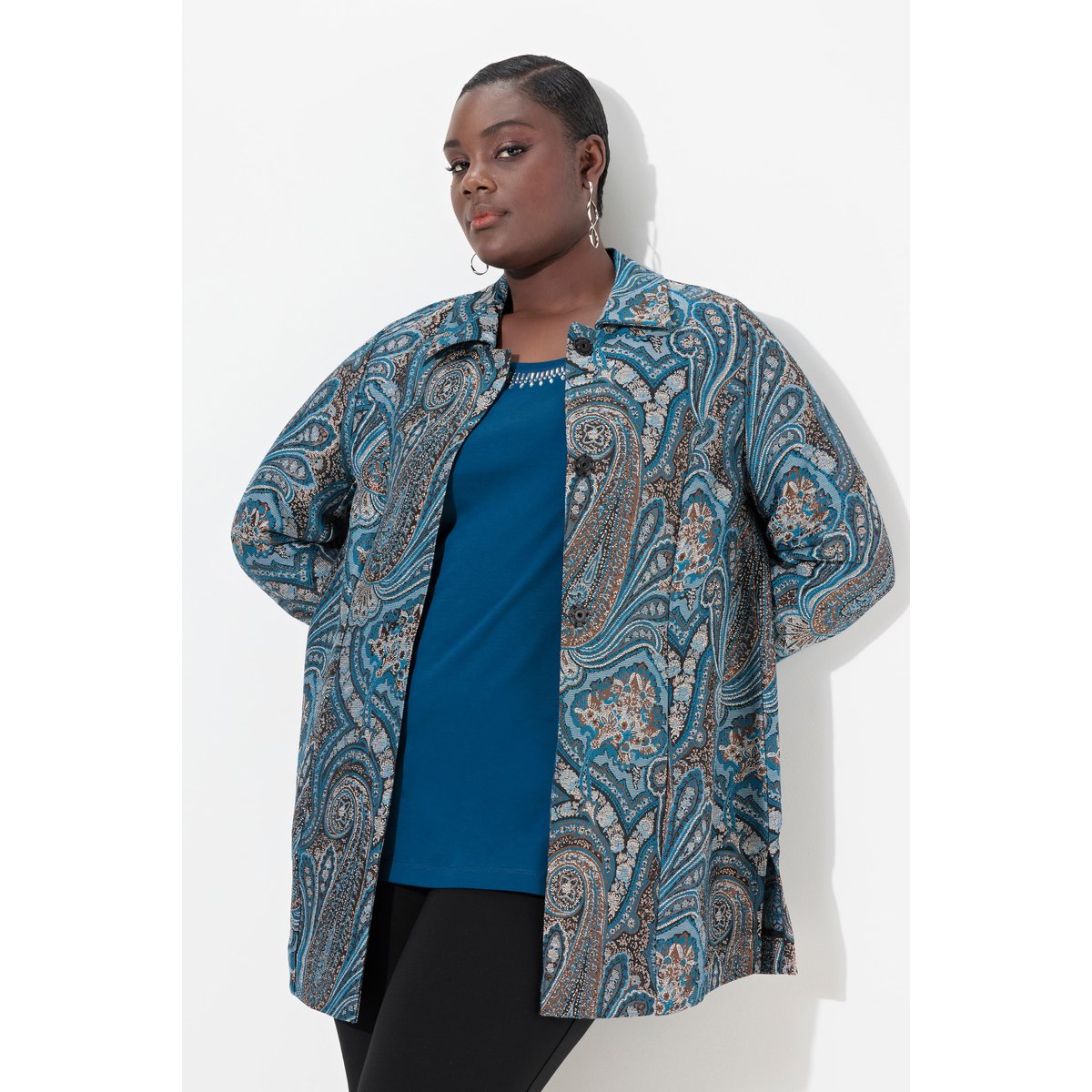 Veste jacquard à col chemise, effet métallisé bleu moyen, ULLA POPKEN