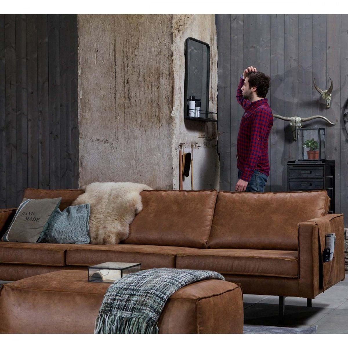 Pouf rectangulaire vintage - BRONCO cognac, BEPUREHOME
