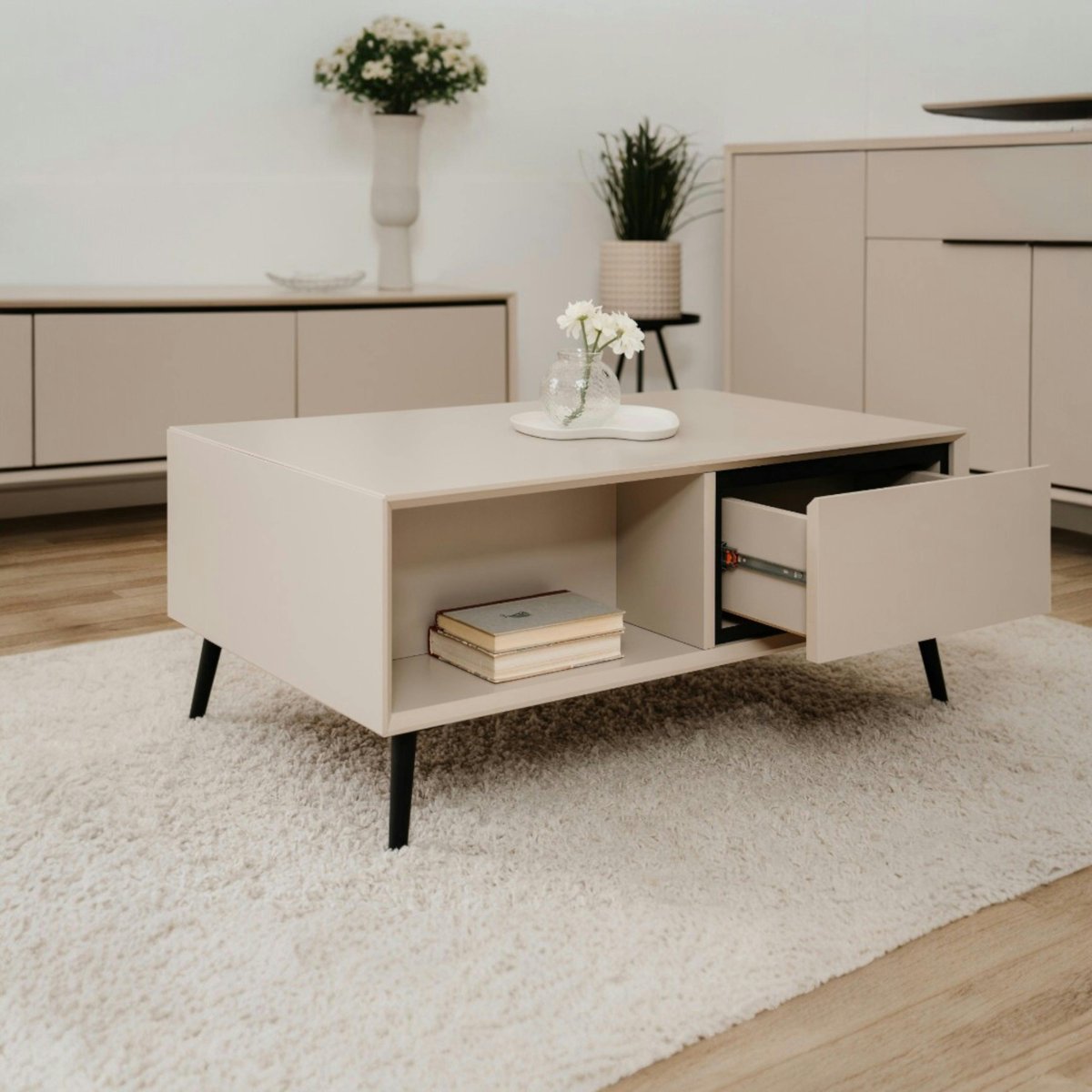 Table basse moderne taupe 2 tiroirs 2 niches AVIO beige, PIER IMPORT