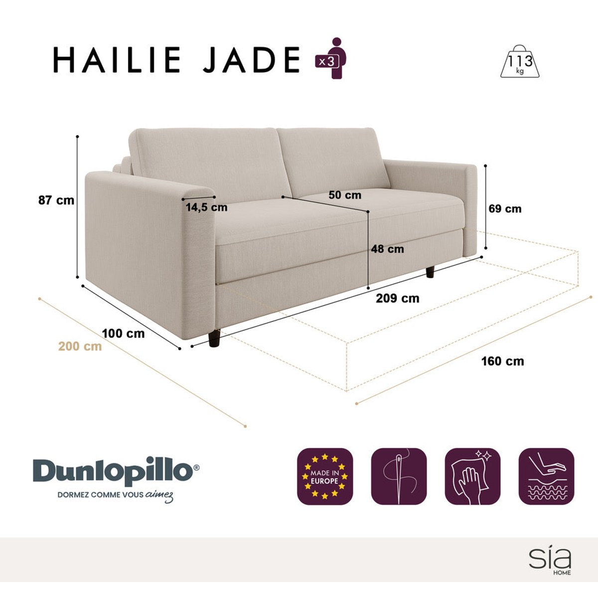 Canapé convertible express 3 places en velours Hailie Jade beige taupe, SIA HOME