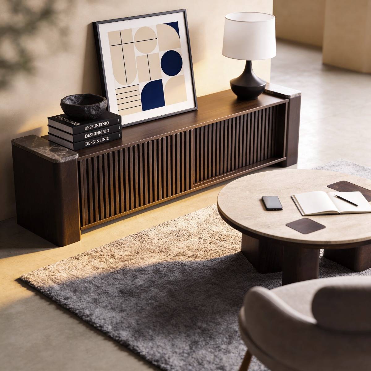 Meuble TV manguier et marbre TOBIAS bois foncé, MADE IN MEUBLES
