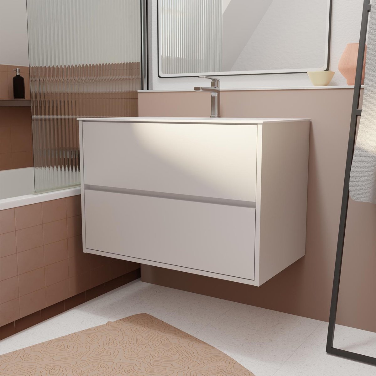 Meuble de salle de bains suspendu 2 tiroirs avec vasque blanc, HOME MAISON