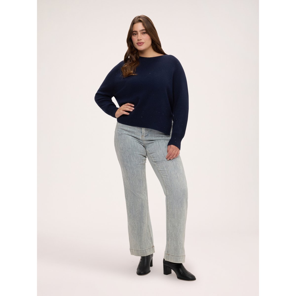 Pull col rond à micro-paillettes bleu, FIORELLA RUBINO