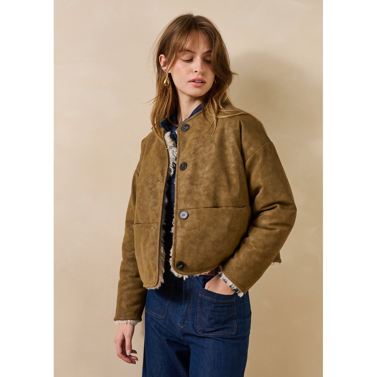 Manteau court réversible à imitation fourrure ecru, LA FEE MARABOUTEE