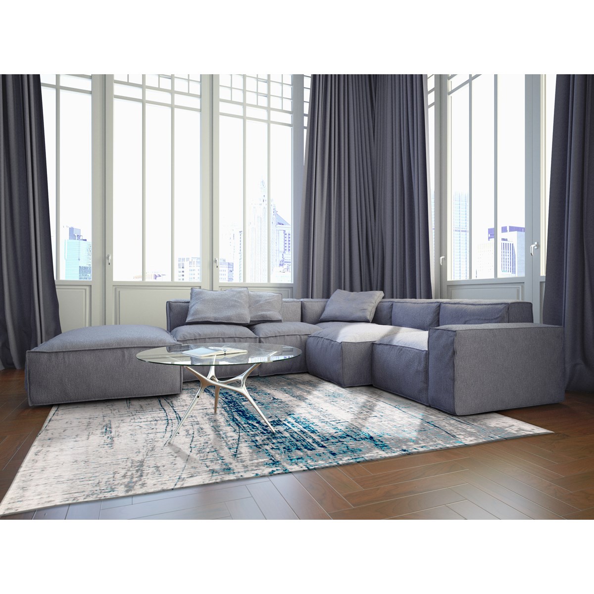 Tapis salon et chambre tissé plat GRIFF - Bronx Azurite - Louis de Poortere bleu, NOVATREND