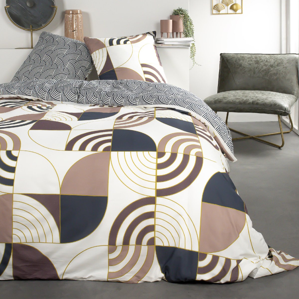 Parure de lit coton 2 personnes imprimé graphique SUNSHINE blanc, TODAY