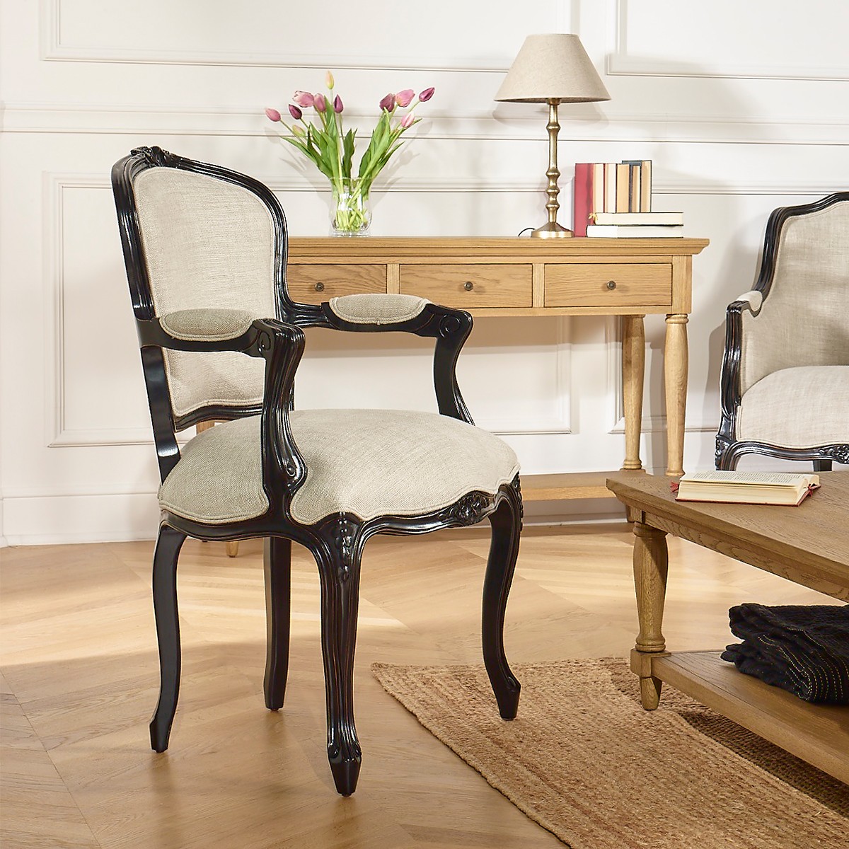 Fauteuil de table en hévéa teinté noir et lin premium LOUVRE lin, ROBIN DES BOIS