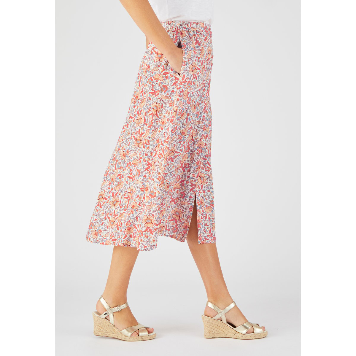 Jupe boutonnée pure viscose blanc ecru fleuri, DAMART