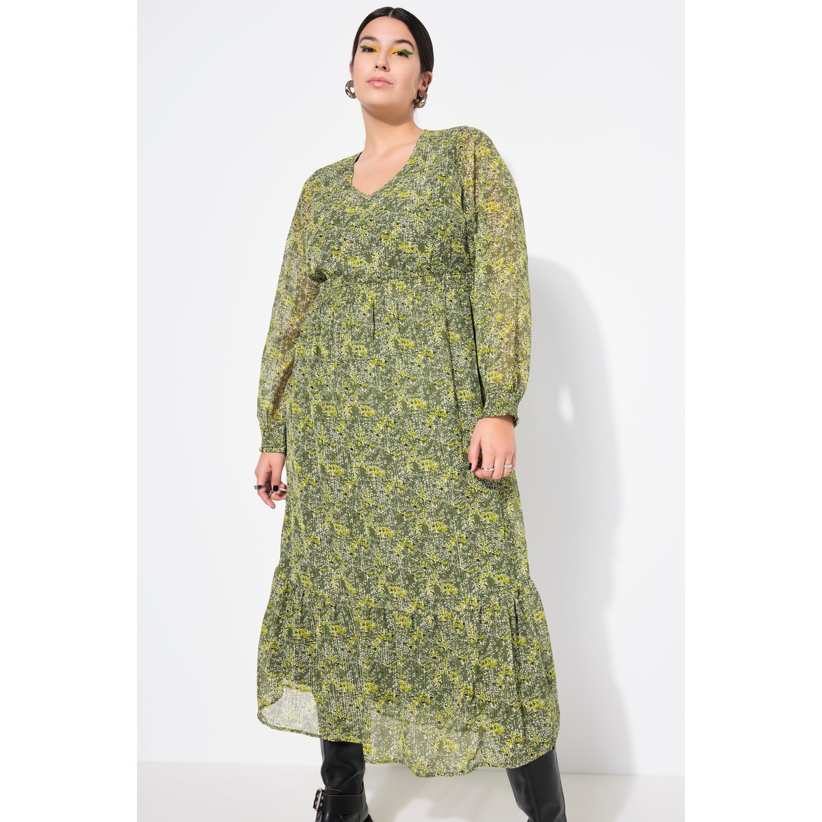 Robe maxi coupe évasée, imprimé à fleurs vert mousse, STUDIO UNTOLD