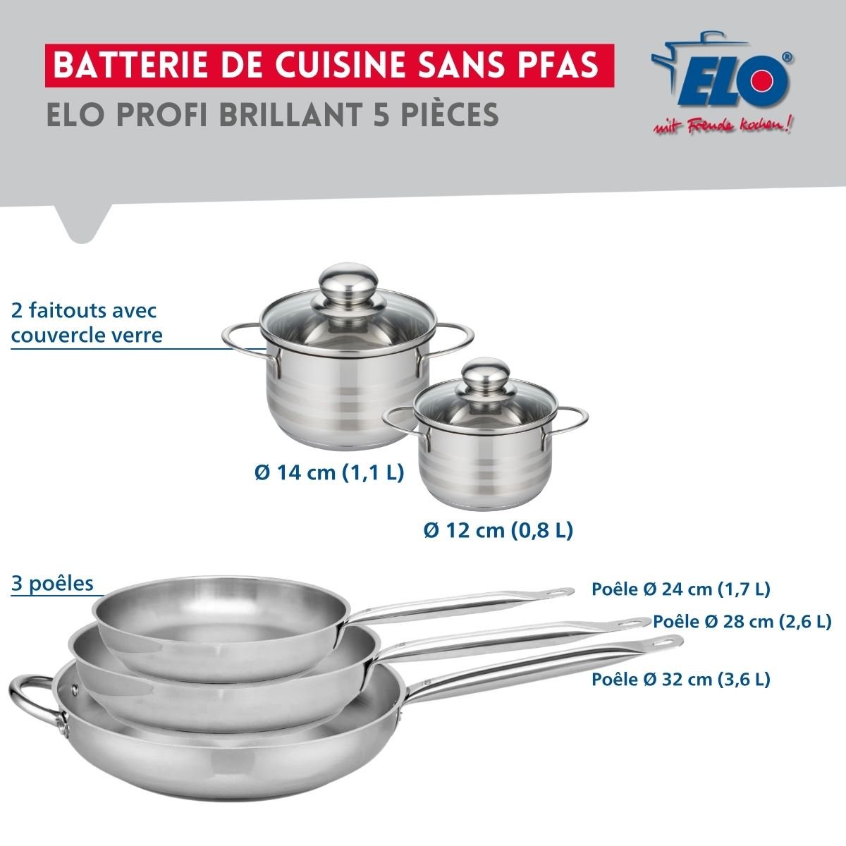 Batterie 3 poêles 24/28/32cm + 2 faitouts 12/14cm PROFI BRILLANT gris, ELO