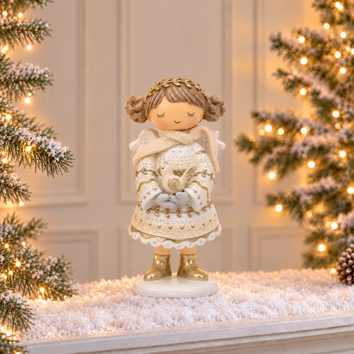 Figurine ange à l'oiseau de noël décorative artificielle H19 ELFIE beige, SIA