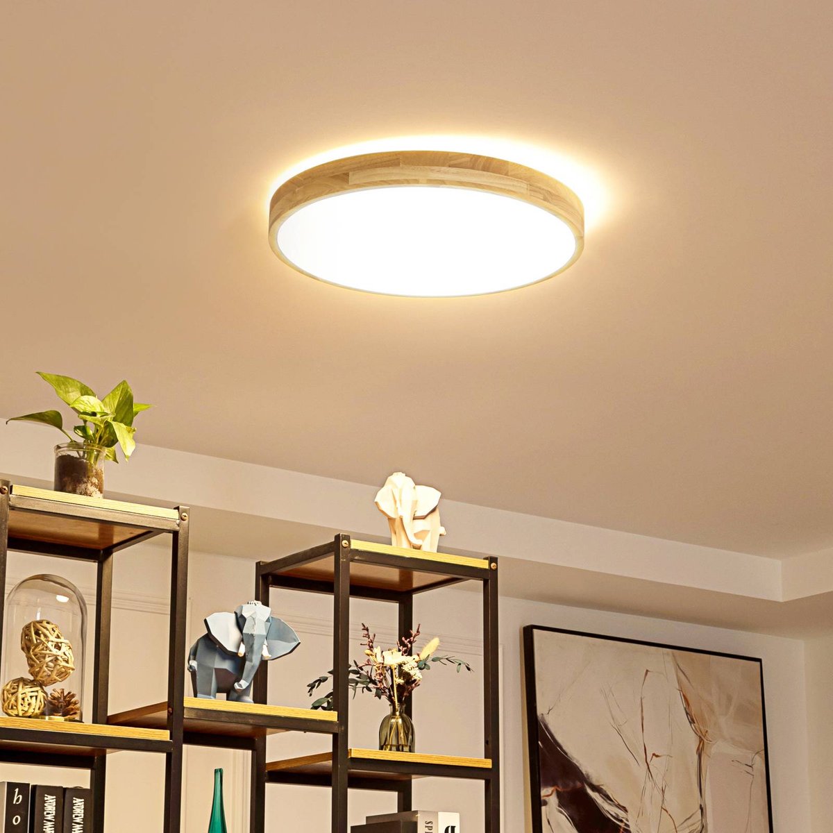 Plafonnier connecté en bois moderneLED bois, blanc, LINDBY