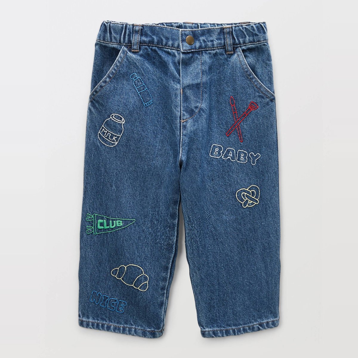 Jean taille élastique brodé en coton denim, BOUT'CHOU
