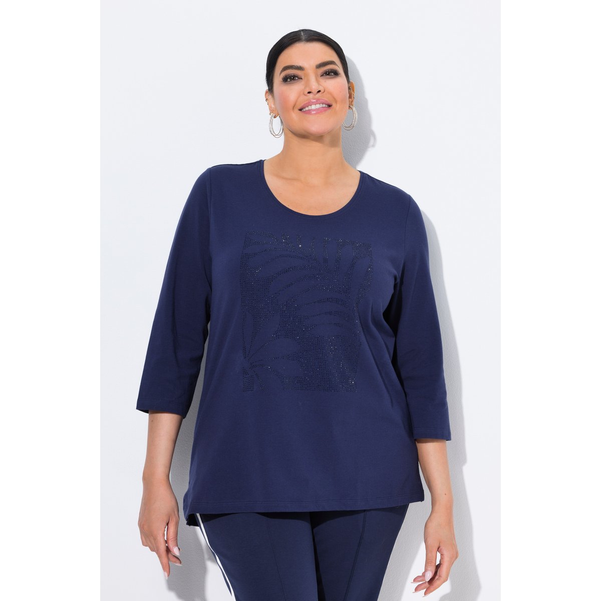 T-shirt décolleté rond et manches 3/4 marine, ULLA POPKEN