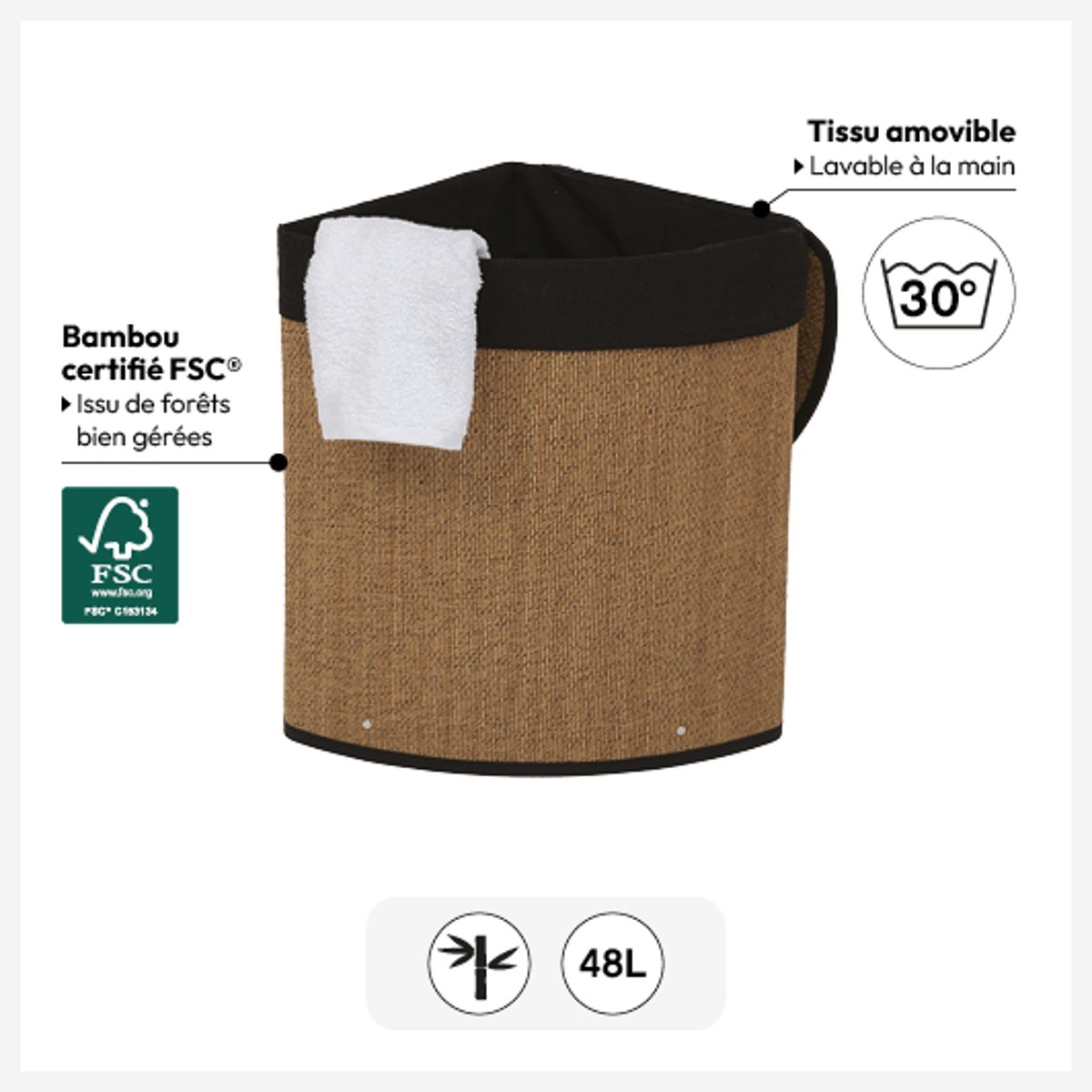 Panier à linge d'angle 48L STEMY marron, 5FIVE SIMPLY SMART
