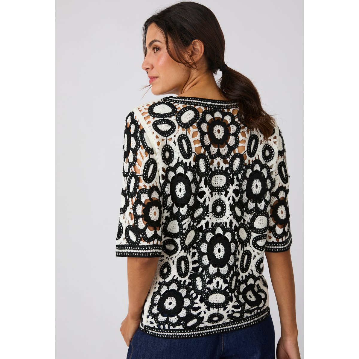 Pull effet crochet bicolore noir/blanc, DAMART