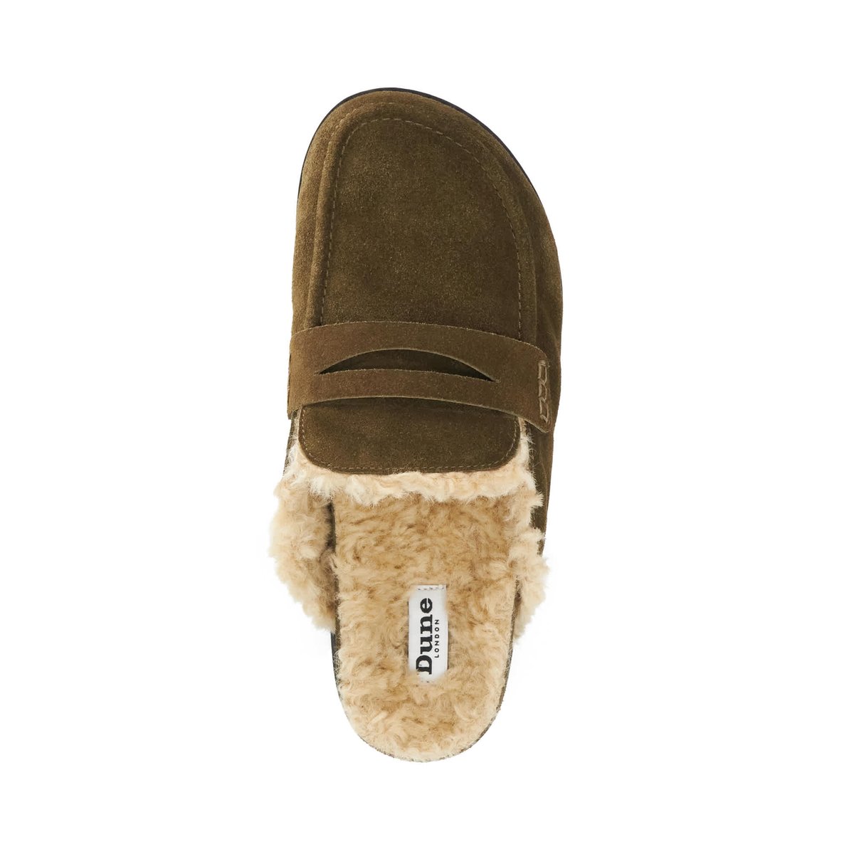 Mocassins mules en daim à arrière ouvert doublés imitation peau de mouton - GOLDY khaki-suede, DUNE LONDON