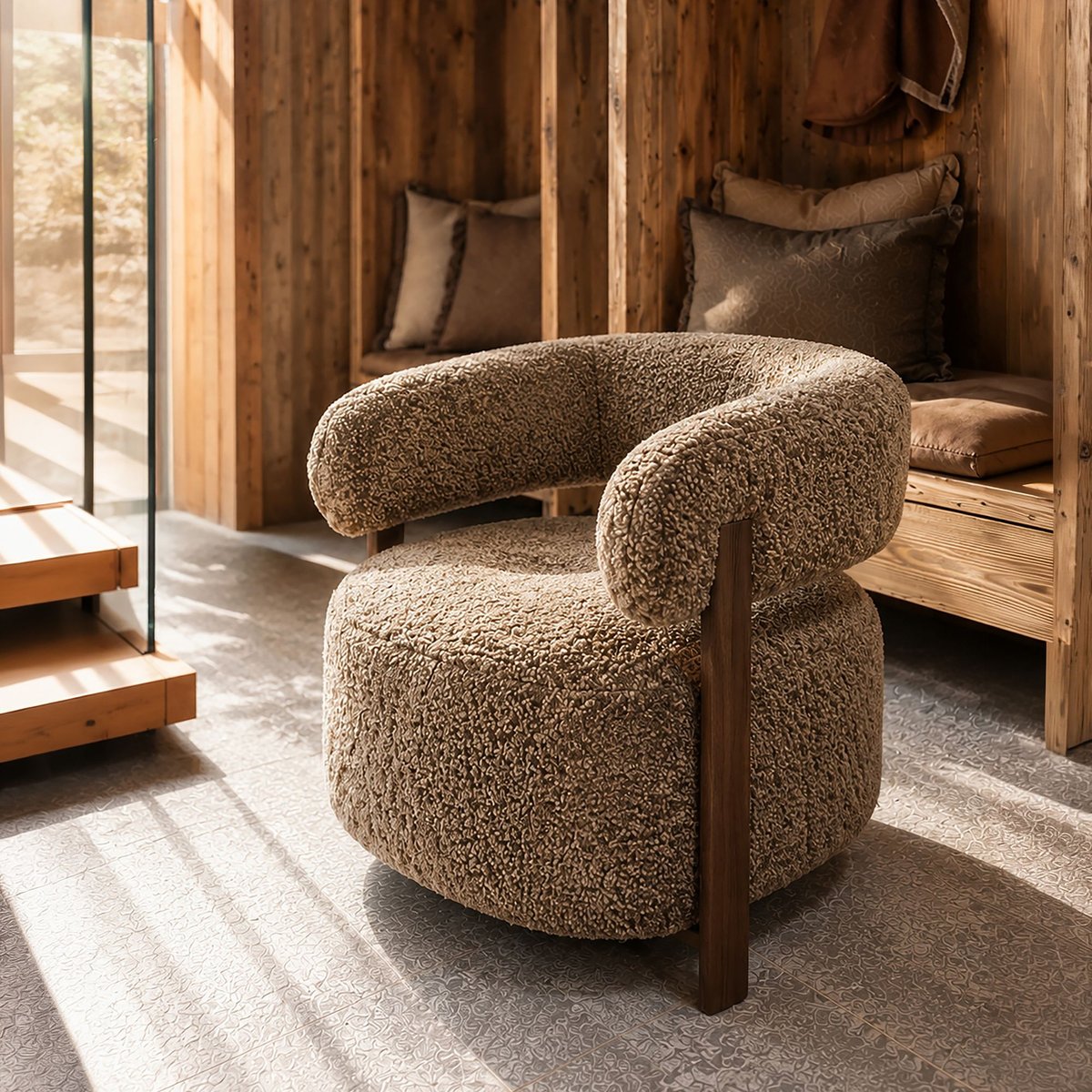 Fauteuil arrondi en tissu doux, NOUBIA beige, NOW'S HOME
